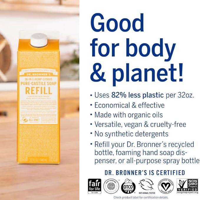 Dr. Bronner's Magic Soap-Pure-Castile Liquid Refill (Citrus, 32 ounce, 2-Pack) - Made with Regenerative Organic Certified Oils, For Body, Hair, Laundry, Pets & Dishes - Concentrated, Vegan, Non-GMO