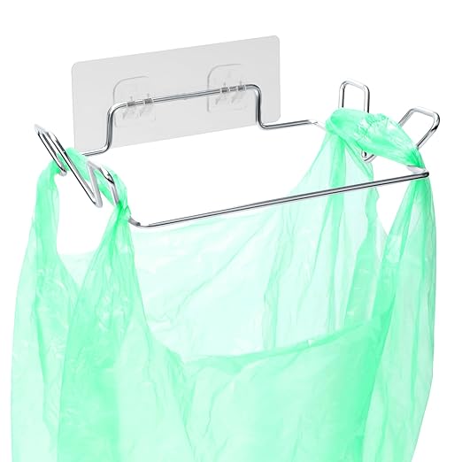 Stainless Steel Trash Bag Holder for Kitchen Cabinets Doors and Cupboards, Under Sink Bag Hanger, Portable Trash can, Waste Bins, Wall Adhesive Hanging Garbage Bins, with Wall Sticker Base