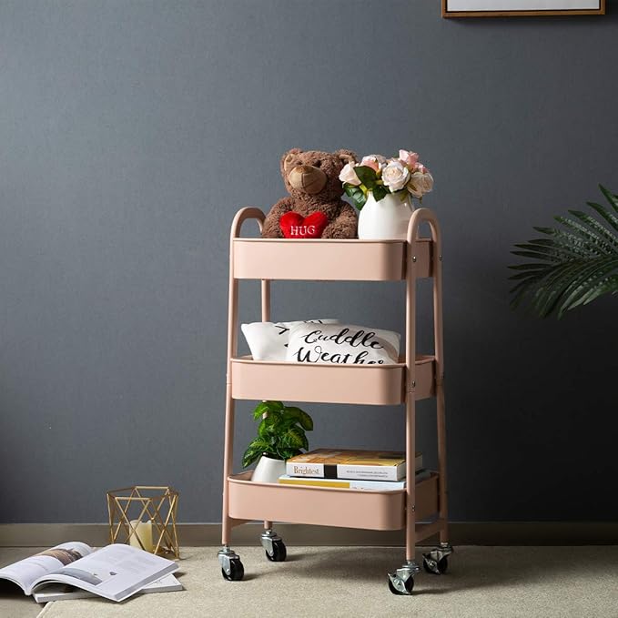 AGTEK Makeup Cart, Movable Rolling Organizer Cart, 3 Tier Metal Utility Cart, Rosiness