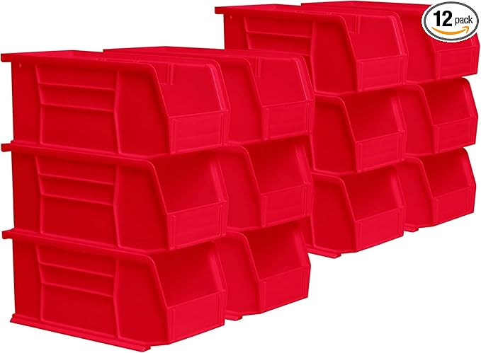 Akro-Mils 30230 AkroBins Plastic Storage Bins, Space-Saving Stackable Bins for Garage, Pantry, Craft Organization, 11-" x 5-" x 5-", Red, 12-Pack