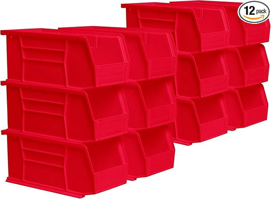 Akro-Mils 30230 AkroBins Plastic Storage Bins, Space-Saving Stackable Bins for Garage, Pantry, Craft Organization, 11-" x 5-" x 5-", Red, 12-Pack