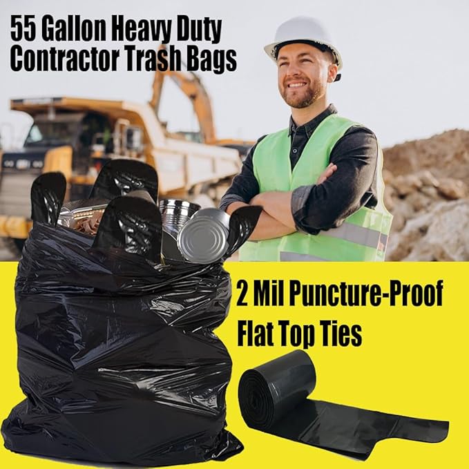 Contractor Heavy Duty Trash Bags 55 Gallon | 52 Count | 2 MIL | 36" X 56" | Large Black Flap Tie Construction Garbage Bags for Business Home Commercial, Industrial, Storage, Outdoor