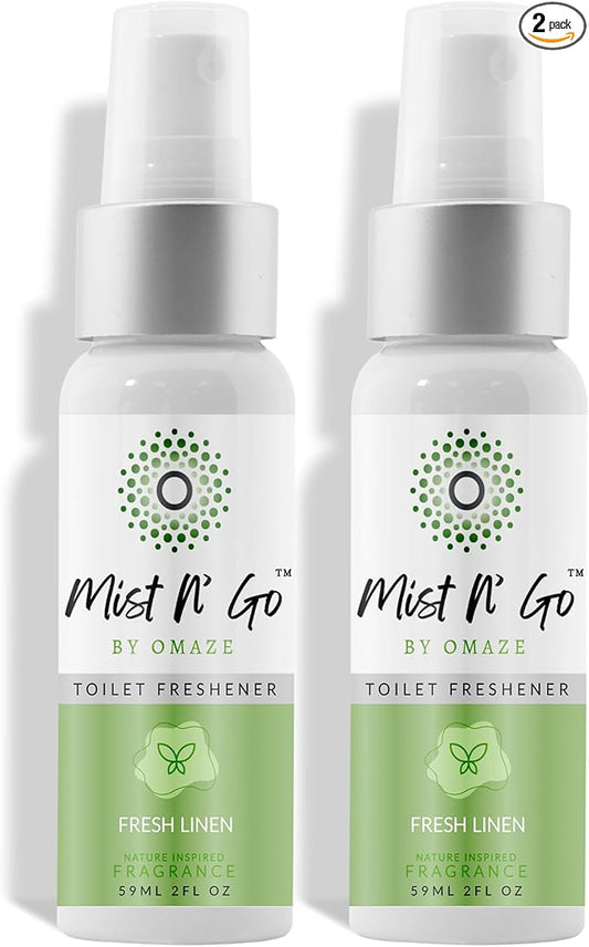 Mist N’ Go by Omaze Travel Bathroom Spray for Toilet Spray Odor Eliminator - Travel Toilet Spray for Bathroom Air Freshener Spray for Bathroom Deodorizer - Fresh Linen Regular Size (2oz x2)