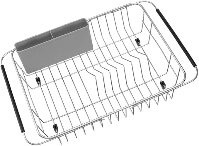 SANNO Expandable Dish Drying Rack,Dish Drainer,Dish Plate Holder Basket in Sink or On Counter with Utensil Silverware Storage Holder, Over The Sink,Rustproof Stainless Steel