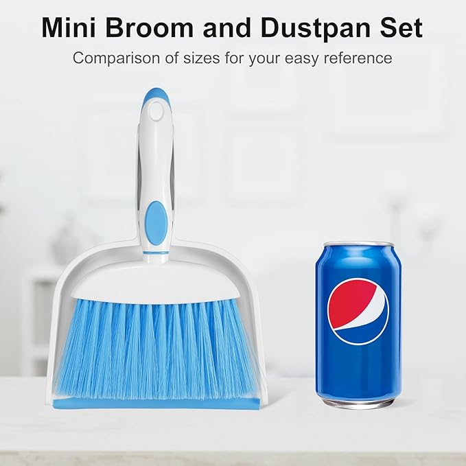 NACENA Small Dust Pan and Brush Set, Mini Broom and Dustpan Set Small Hand Broom and Brush Combo Dust Pan with Teeth for Home Cleaning Drawers Desktop Sofas Pet Care and Outdoor, Dark & Blue
