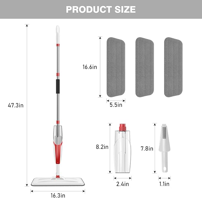 nacena Spray Mop for Floor Cleaning, Dust Mop with 420 ml Refillable Bottle and 3 Pcs Washable Pads Dry Wet Floor Mop for Household or Commercial Use for Hardwood Laminate Tile Ceramic, Red&White