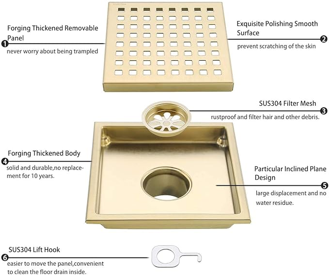 RANDOM Brushed Gold Shower Drain Square 6 Inch Shower Floor Drain with Grid Grate & Removable Hair Strainer 304 Stainless Steel Shower Drain Cover Bathroom Accessories.98738BG