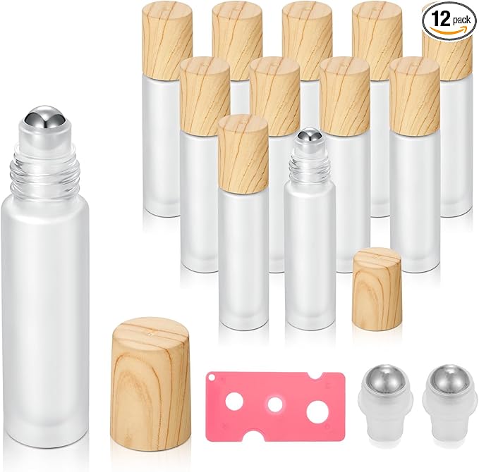 12 Pack Essential Oil Roller Bottles,10ml Empty Frosted Glass Roller Bottles with Stainless Steel Roller Balls and Caps Refillable Container for Perfume Roll on Bottles ( Wood Grain Plastic Caps)
