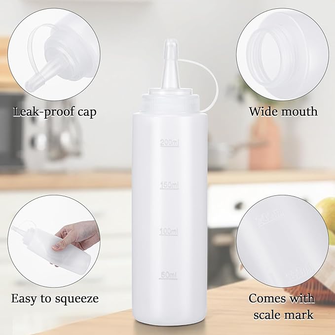 Condiment Squeeze Bottles Ketchup Dispenser, 6 Pack 8oz Squeeze Bottles for Liquids, Plastic Sauce Bottle with Cap Lid, Squirt Bottles for Sauces Liquids BBQ Dressing Pancake Art