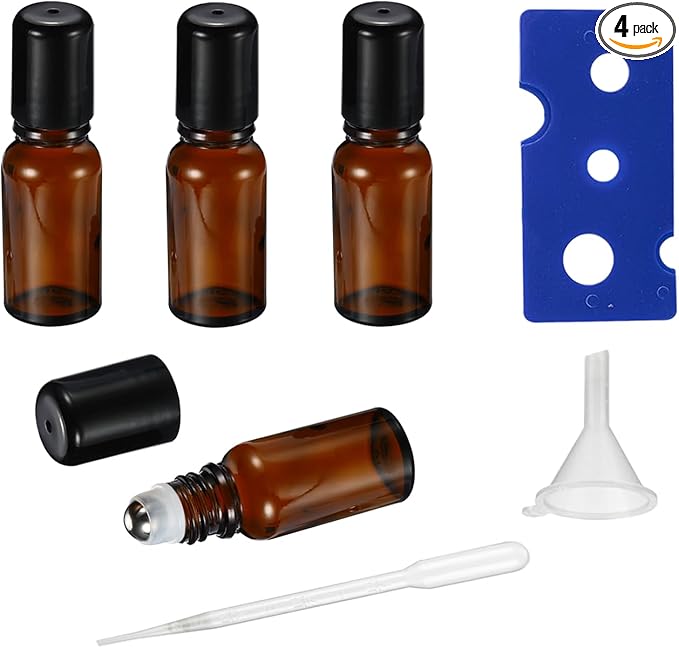 5ML Roller Bottles for Essential Oil, 4 Pack Empty Amber Glass Roller Bottle for Perfume Oil, Roll on Bottles with Stainless Steel Roller Balls, Opener, Funnel and Dropper