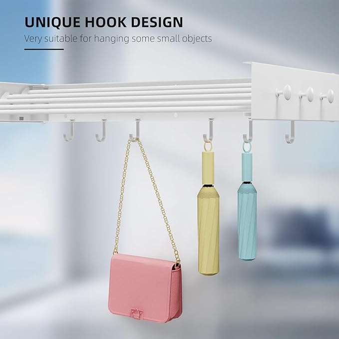 Drying Rack Clothing,Clothes Drying Rack Wall Mounted,Laundry Drying Rack Wall Mount,Foldable,Collapsible,60 lb Capacity 5 Aluminium Poles with 12 Hooks,Space Saving Clothes Drying Rack,White 31.5"