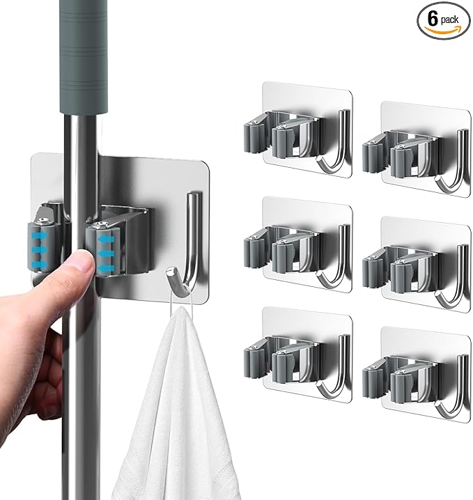Mop Broom Holder No Drill, Mop Broom Organizer Wall Mounted Heavy Duty with Hooks Hanger, Self Adhesive Stainless Steel 6Pcs for Bathroom, Kitchen, Office (Silver)