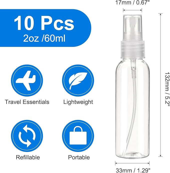 uxcell 10Pack Spray Bottles, 2Oz/60ML Reusable Clear Empty Mist Plastic Mini Travel Bottle Set,Small Refillable Liquid Containers for Household Use, Essential Oil, Cleaning (Transparent)