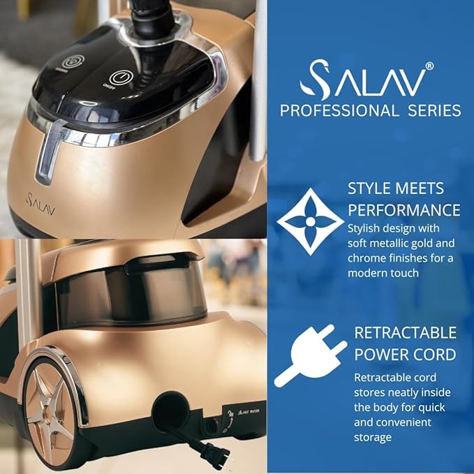 SALAV® Professional Garment Steamer for Clothes with Foot Pedal Control, Stainless Steel Steam Plate, Retractable Power Cord, 1.8L Water Tank for 1hour Steam Time, Wheels for Easy Movement, Gold