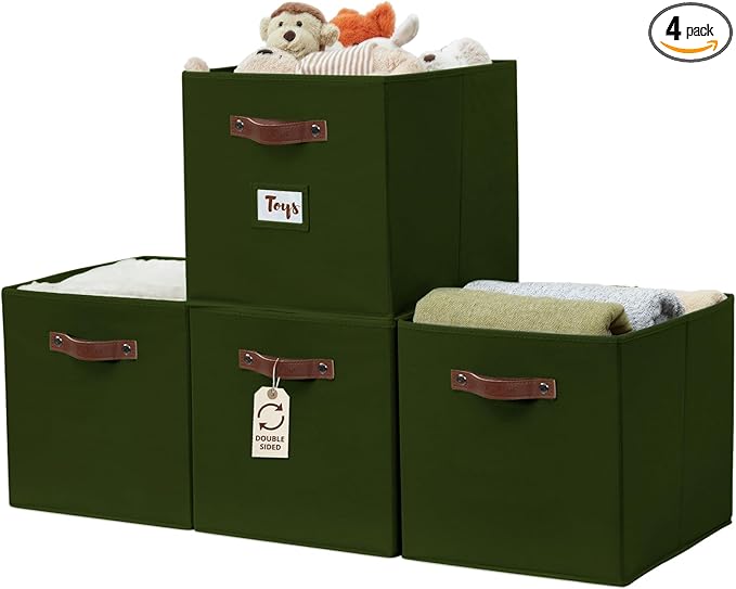 DECOMOMO Storage Baskets, 13x15x13 Storage Cube Bins with Labels for Organizing Shelves Kallax (Kallax / 4pcs, Olive Green)