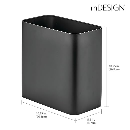 mDesign Small Metal 2.4 Gallon Trash Can Wastebasket Garbage Bin for Bathroom - Mini Slim Rubbish Waste Bin for Master or Guest Bath, Bedroom, Garage, Laundry Room, or Playroom, Black, Pack of 1