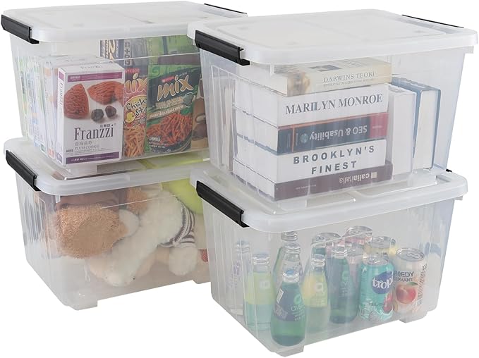 30 Quart Clear Plastic Latch Storage Bins with Wheels, 4-Pack Wheeled Clear Storage Totes