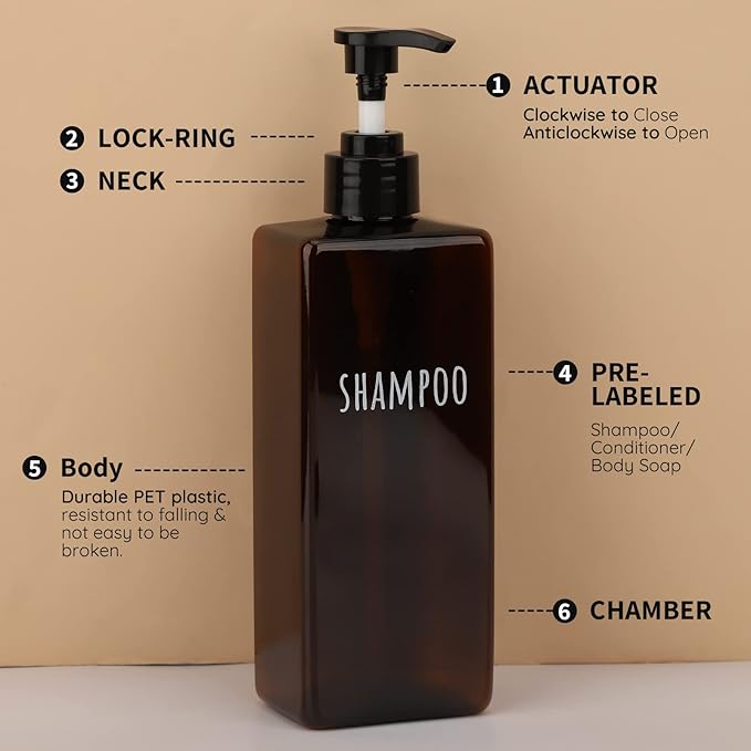 Segbeauty 16.9oz Lotion Dispenser, 3pcs Refillable Square Shampoo Bottles with Pump, 500ml Empty Plastic Bathroom Shower Bottles Liquid Soap Container Body Wash Dispenser for Home Hotel Travel Amber
