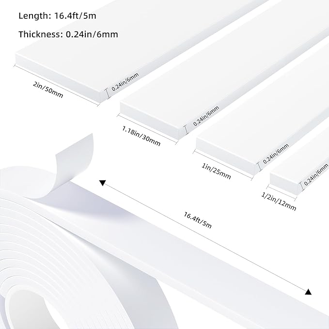 Weather Stripping Door Seal White,1Inch Wide X 1/4 Inch Thick,Air Conditioner Window Seal,Self Adhesive Foam Tape High Density Foam Sealing Strip,Door Soundproof Tape Roll,Total 16.4 Feet Long