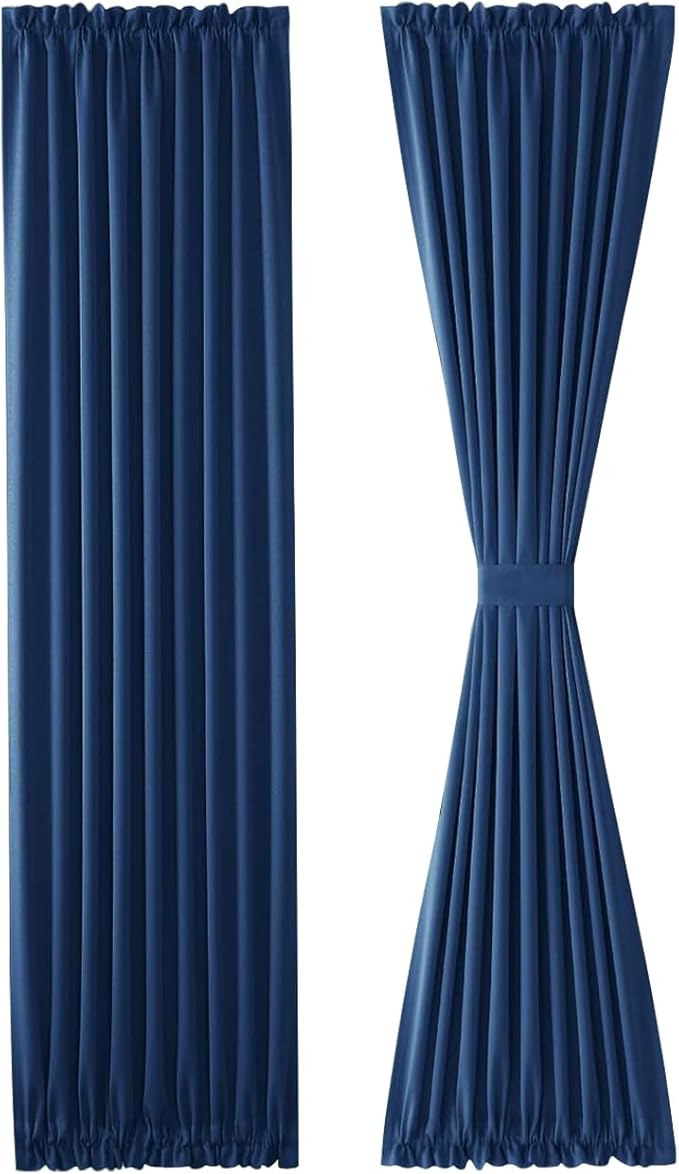 DWCN French Door Curtains – Rod Pocket Thermal Blackout Curtain for Doors with Glass Window, Kitchen and Patio Doors for Privacy, 25 X 72 Inches Long, 1 Curtain Panel with Tieback, Classic Blue