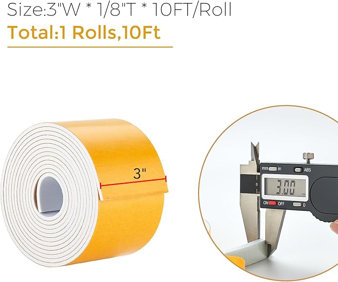 10 Feet Weather Stripping Door Seal, 3" Wide X 1/8" Thick Door Seal Strip High Density Foam Tape Adhesive Strip for Door Soundproofing,Window Insulation (3" x 1/8" x 10FT, White)