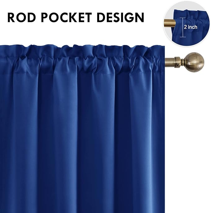 DWCN Blackout Curtains Room Darkening Thermal Insulated Bedroom Curtains Window Curtain Panels, 52 x 54 inches Long, Set of 2 Classic Blue Rod Pocket Drapes