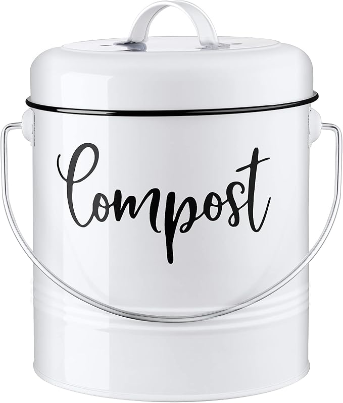 Compost Bin Kitchen, 1.3 Gallon Farmhouse Kitchen Compost Bin Countertop, Indoor Countertop Compost Bucket with Lid and Charcoal Filters, White
