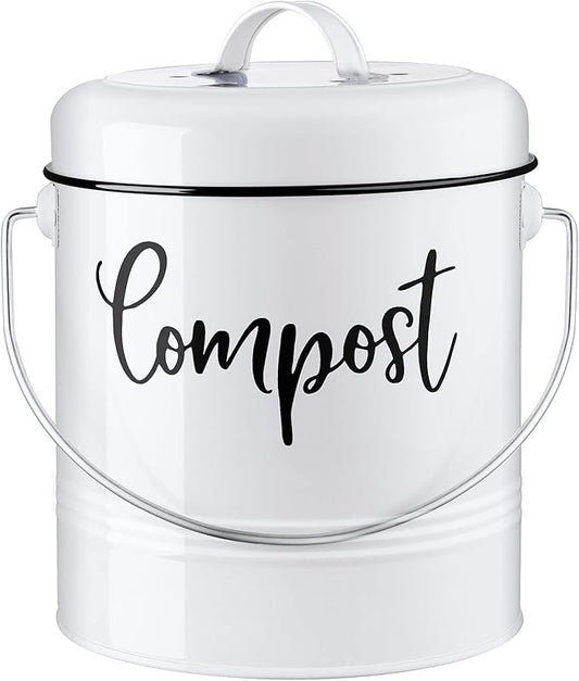 Compost Bin Kitchen, 1.3 Gallon Farmhouse Kitchen Compost Bin Countertop, Indoor Countertop Compost Bucket with Lid and Charcoal Filters, White