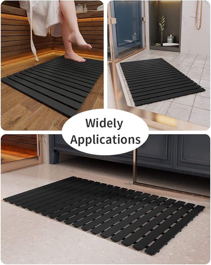 Shower-Mat Non Slip, PADOOR Heavy Duty Bathtub-Mat Curlable Quick Drain Sturdy Bath Tub Mat Without Suction Cups for Indoor Outdoor Use 17x36 Inch Black