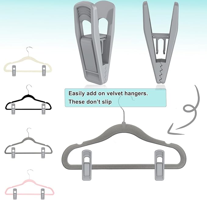 Hanger Clips for Velvet Hangers (Grey, 40 PCS), Non-Slip Plastic Clips Skirt Hanger Clips for Gray Flocking Hangers