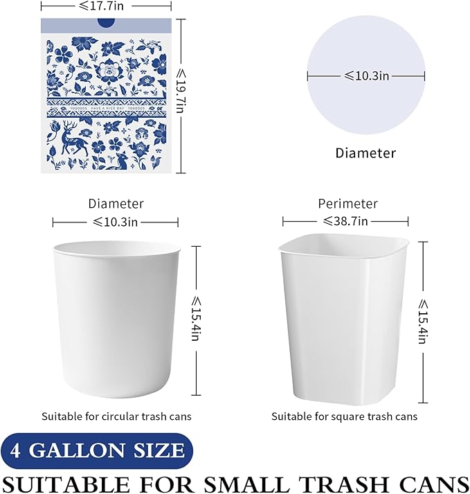 VOK 4 Gallon Trash Bags Drawstring, Printed Small Garbage Bags with Secure Tie, Tear-Resistant & Leakproof Design for Bathroom/Bedroom, Decorative Odor-Control Trash Can Liners, 160 Counts