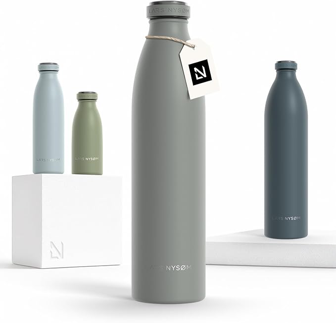 LARS NYSØM Stainless Steel Insulated Water Bottle 12oz 17oz 25oz 34oz 51oz | Insulated Thermo Flask for Hot and Cold Beverages | Leakproof Drinking Bottle (Ash Gray, 33.9 oz)