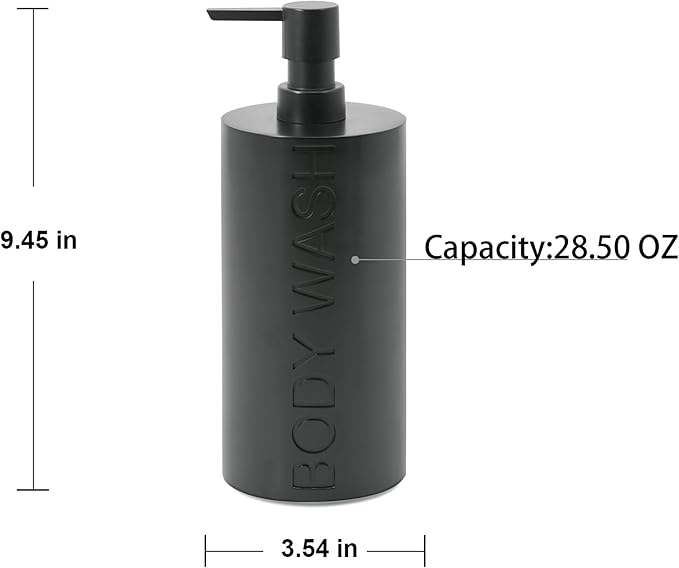 Matte Black Body Wash Dispenser Luxurious Refillable Pump Bottle with Embossed Text, Durable Construction for Bathroom and Shower