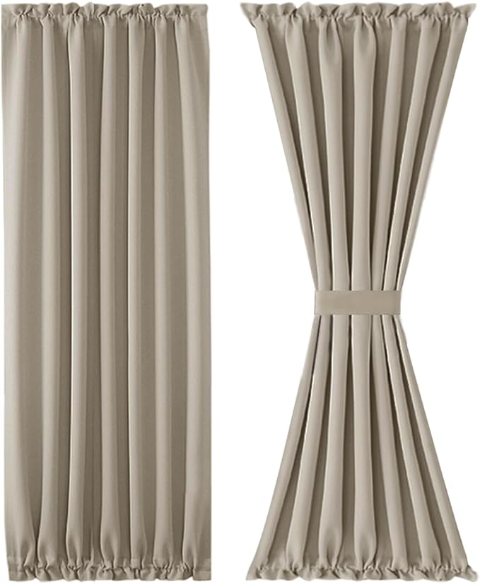 DWCN French Door Curtains – Rod Pocket Thermal Blackout Curtain for Doors with Glass Window, Kitchen and Patio Doors for Privacy, 54 X 72 Inches Long, 1 Curtain Panel with Tieback, Taupe