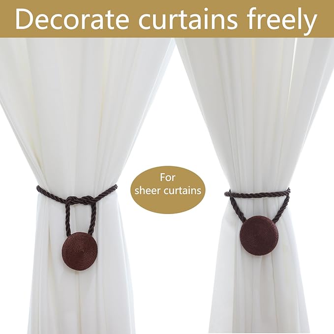 Magnetic Curtain Tiebacks - 12mm Magnetic Tie Backs for Curtains, Heavy Duty No Drill Curtain Holdbacks for Home/Office Windows Drapes, Elegant Gift-Ready Design 7 Colors (2, Coffee)