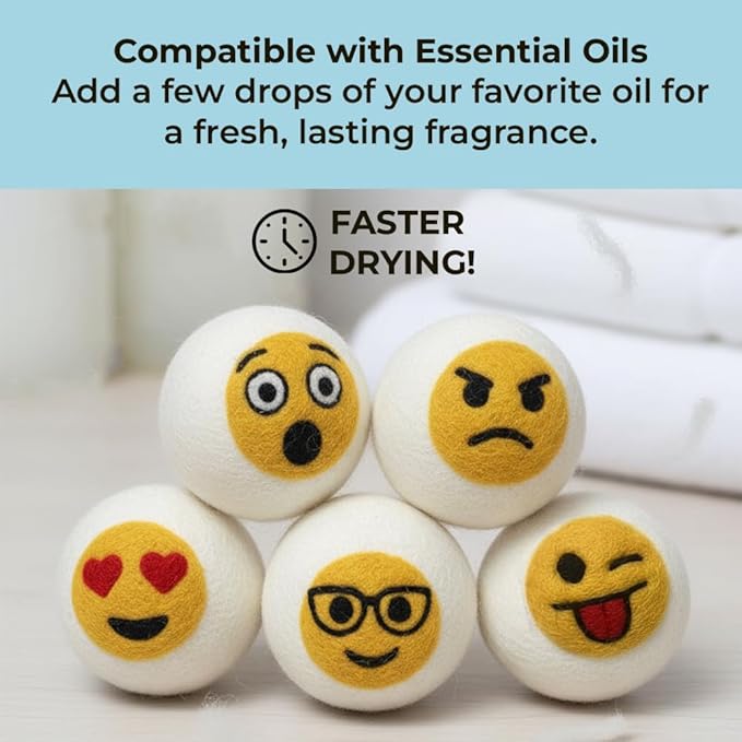 Ezhippie Quality Wool Dryer Balls - 6 XL Emoji Pack - 1000+ Loads - Pure Organic Wool - Reusable Natural Fabric Softener Perfect with Essential Oils, Reduce Clothing Static and Wrinkles