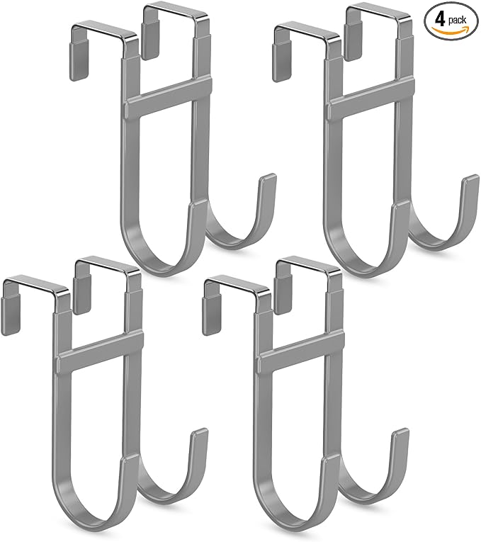 FYY Over The Door Hooks - 4 Pack Heavy Duty Dual-Hook Organizer Hanger with Non-Slip Rubber for Towels, Clothes, Hats & Bags Use in Bathroom, Bedroom, Kitchen - Fits Interior Doors Up to 1 3/8" Grey