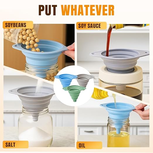 Kitchen Funnel Set 3 Pack, Collapsible Silicone Funnels for Filling Water Bottles & Small Bottles | Food-Grade, Easy Clean & Space-Saving (Mix Colors)