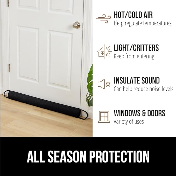 GORILLA GRIP Door Draft Stopper for Bottom of Doors, Weather Stripping Seal Blocks Hot Air, Noise, Bugs, Keeps Cold AC in, Sound Proofing Easy Install Gap Filler, Home Essentials, 32 Inch, Black