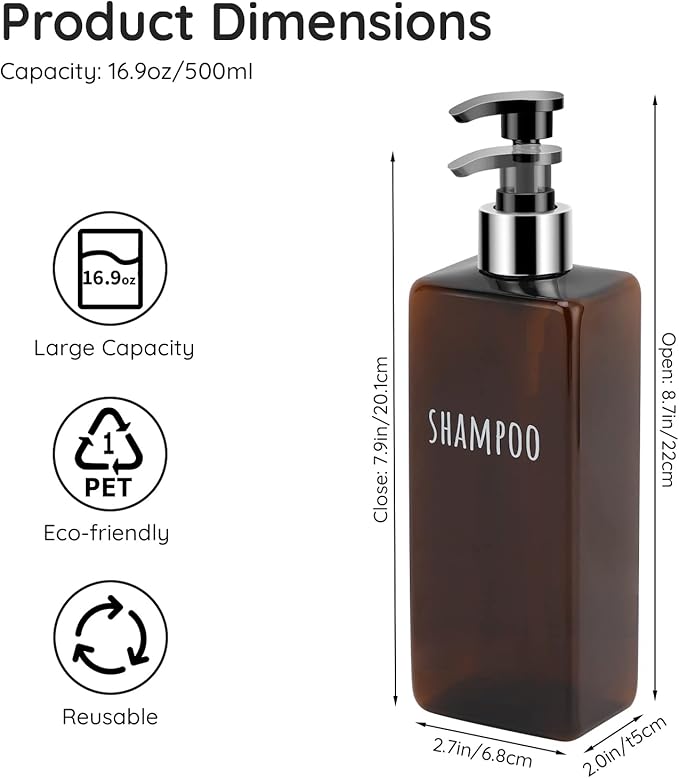 Segbeauty Shampoo and Conditioner Dispenser, 3 Packs 16.9oz Refillable Bathroom Soap Dispenser Set, 500ml Plastic Square Shower Press Pump Bottles Liquid Lotion Dispenser for Kitchen Sink Amber