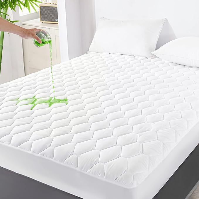 GRT King Mattress Protector Waterproof, Rayon from Bamboo, Cooling Quilted Fitted Mattress Pad, Noiseless Waterproof Mattress Cover, fits up to 21" Deep, Dust Proof White
