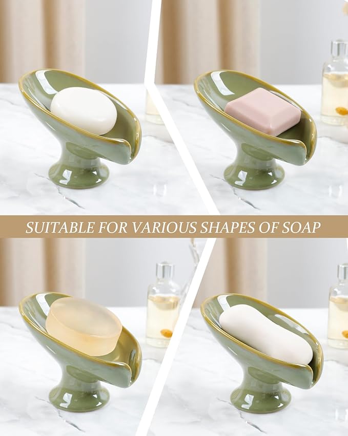 Soap Dish, Self Draining Bar Soap Holder for Bathroom Sink, Leaf Shaped Drainage Ceramic Olive Green Porcelain Decorative Soap Dish, No Suction Cup, ANTIS'S HOME