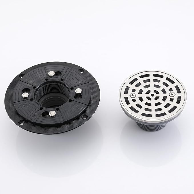 RANDOM Round Shower Drain Brushed Nickel 4 Inch Shower Drain with Adjustable PVC Base Flange,SUS304 Stainless Steel Bathroom Shower Floor Drain with Removable Grid Cover Grate.98768BN-S