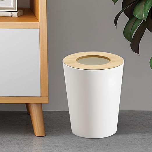 White Trash Can for Bedroom with Bamboo Lid, 2.4 Gallon Open Top Trash Can 3 Pack, Modern Aesthetic Garbage Can for Room Office Living Room, Small Bathroom Trash Bin Boho Style
