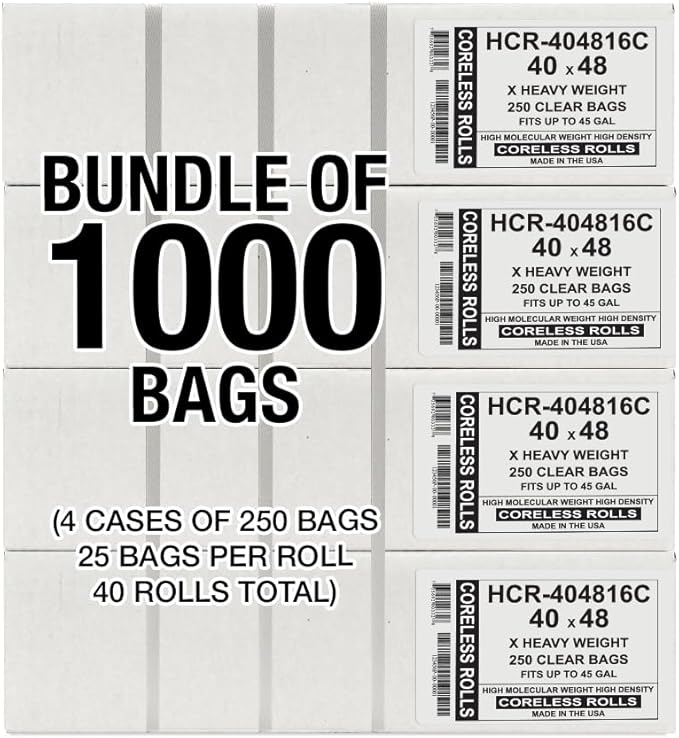Aluf Plastics High Density Trash Bags, 45 Gallon, 1000 Count, 16 Micron (eq), 40" x 48", Clear, for Bathroom, Office, Industrial, Commercial, Janitorial, Municipal, Recycling