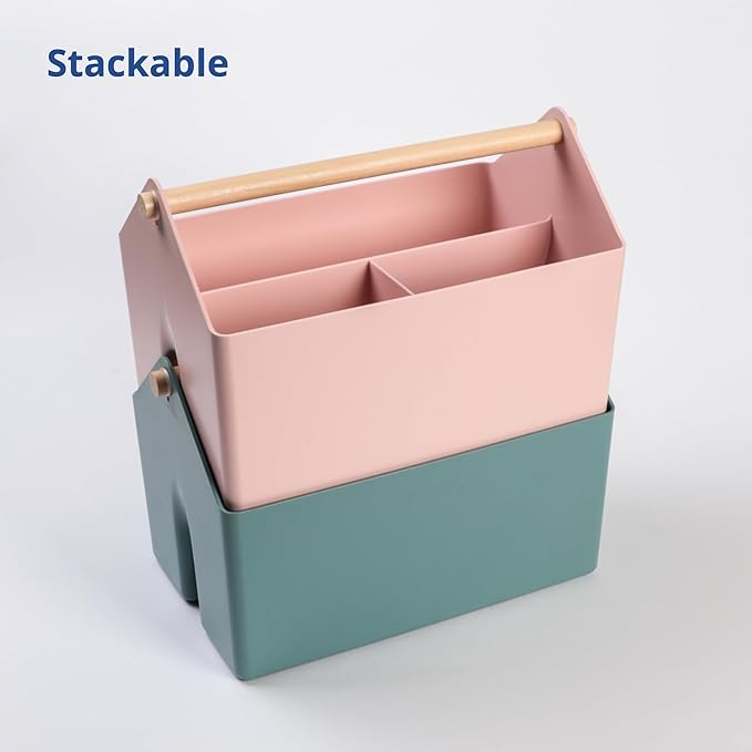 BLUE GINKGO Medium Storage Basket – Plastic Caddy with Wooden Handle for Office, Arts & Crafts, or Home Supplies (Pink)