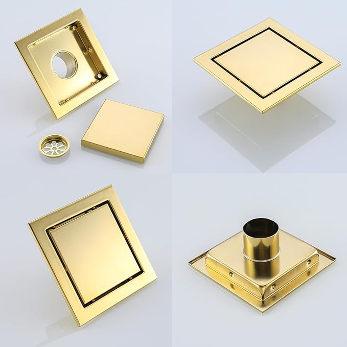 RANDOM Brushed Gold Shower Drain Square 6 inch SUS304 Stainless Steel Shower Floor Drain with Hair Strainer Tile Insert Shower Drain Cover