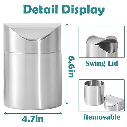 Mini Trash Can, Tiny Desktop Trash Bin with Swing Lid, Stainless Steel Bathroom Countertop Garbage Cans Kitchen Waste Bins with Trash Bag