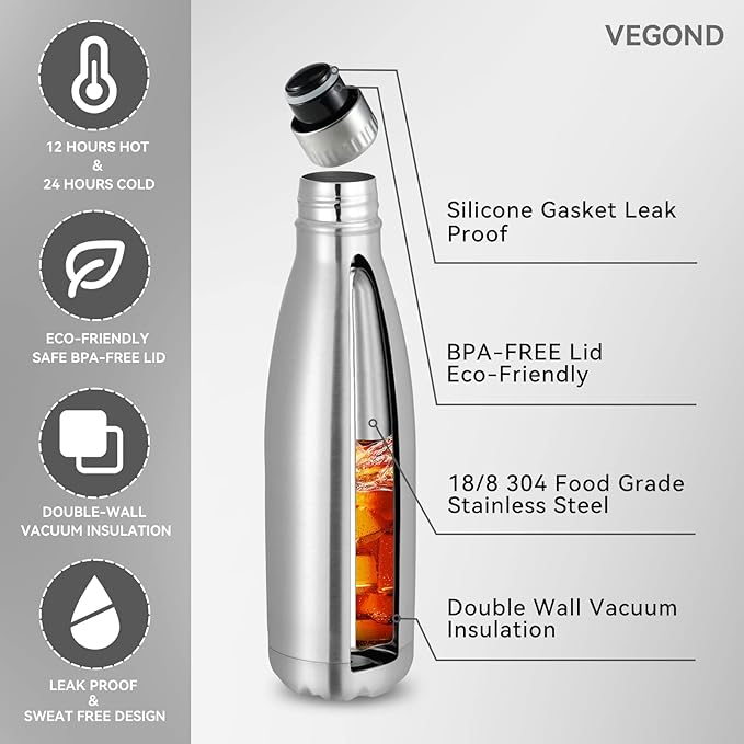 VEGOND 17oz Stainless Steel Water Bottles, Reusable Metal Sports Water Bottle Keeps Drink Hot and Cold, BPA Free Double Wall Vacuum Cola Shape Insulated Water Bottle for Camping Gym, 1 Pack