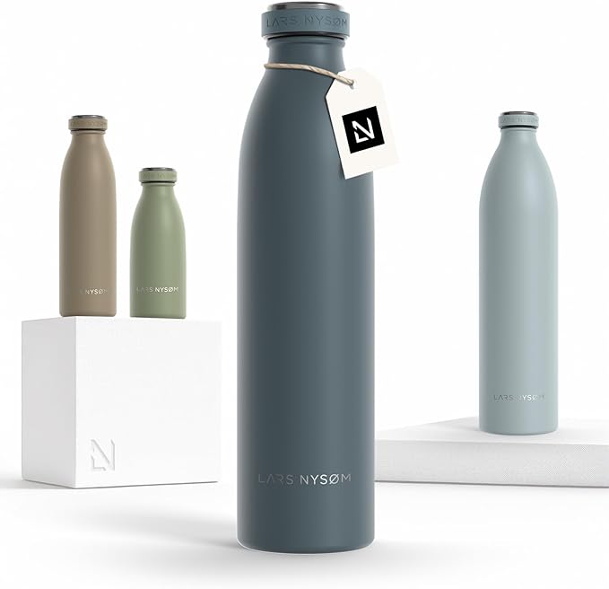 LARS NYSØM Stainless Steel Insulated Water Bottle 12oz 17oz 25oz 34oz 51oz | Insulated Thermo Flask for Hot and Cold Beverages | Leakproof Drinking Bottle (Stone Blue, 25.4oz)